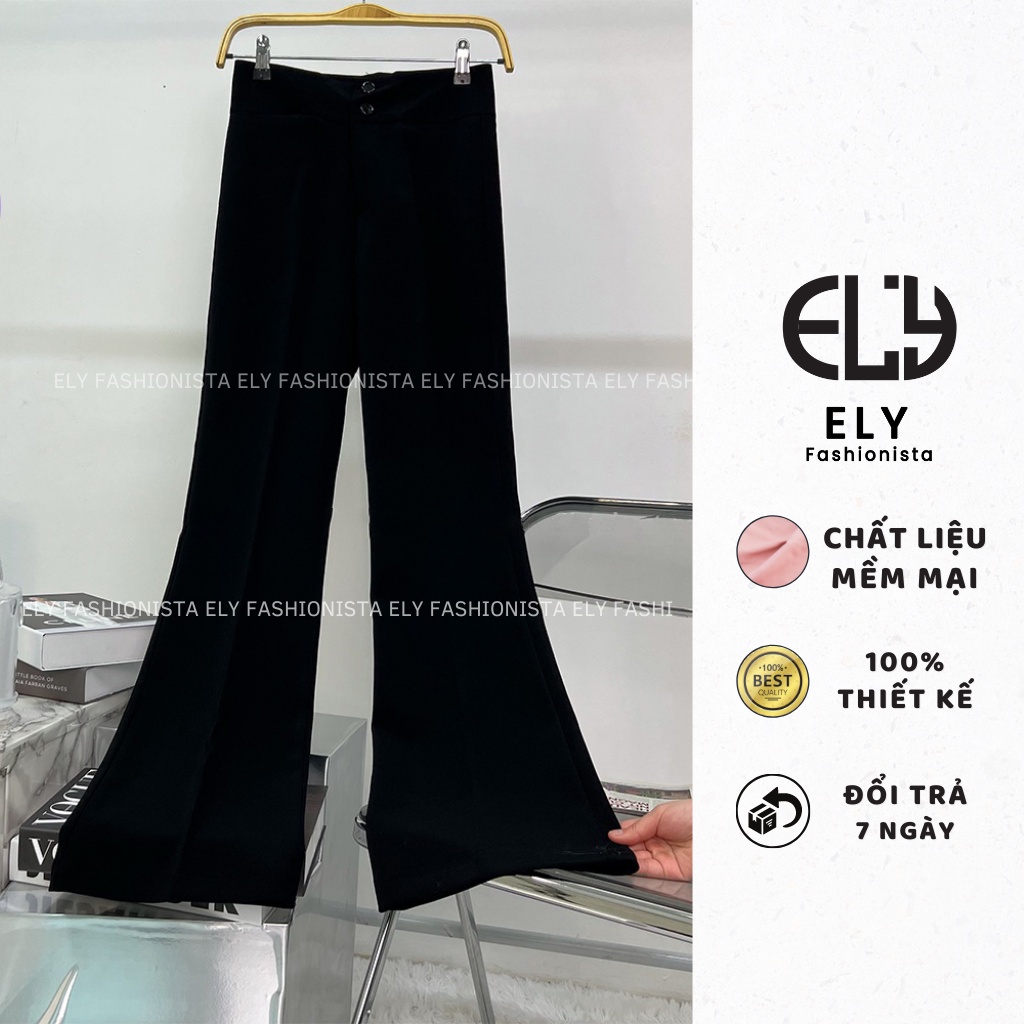 Quần ống loe ELY lưng cạp cao 2 cúc dài suông ống rộng chất vải trượt thái đẹp cao cấp đi làm đi chơi màu đen nâu ELY212