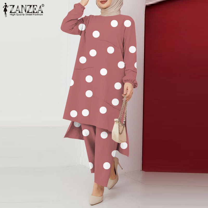 ZANZEA Bộ Áo Tay Phồng + Quần Ống Rộng Lưng Thun Họa Tiết Chấm Bi Dành Cho Nữ