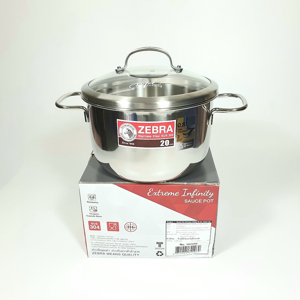 Nồi ZEBRA 3 Đáy Extreme Infinity  nắp kính (Inox 304) - đủ size 18, 20, 22,24cm 162295 Nhập Khẩu Thái Lan
