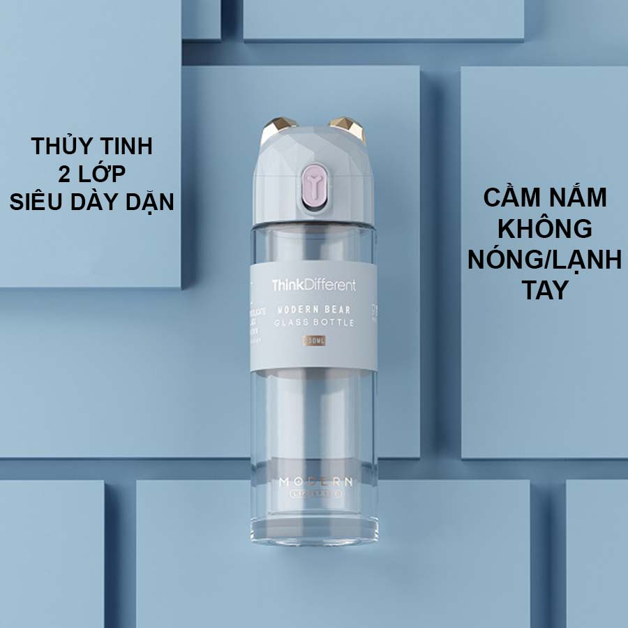 Bình Thủy Tinh 2 Lớp, Bình Nước Nắp Gấu Vàng Gold Sang Trọng Cách Nhiệt J-097