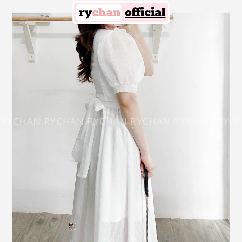 Đầm Xòe Midi Trắng Tay Phồng Cột Eo Lót Trong Dày Dặn [Ảnh Thật Cuối] - DX0066