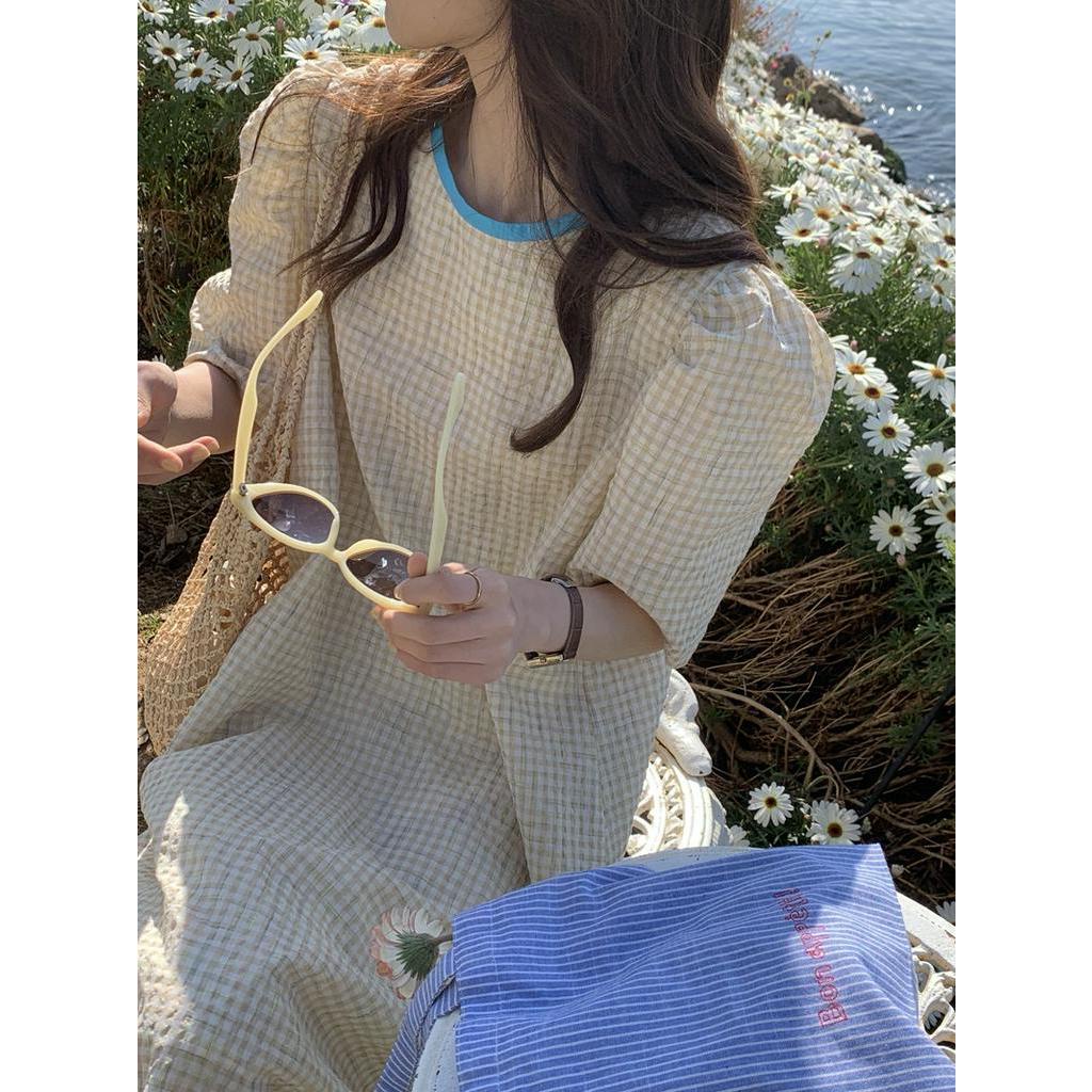 Đầm Sọc Ca Rô Dáng Rộng Ngắn Tay Phối Màu Tương Phản Thời Trang Mới 62594