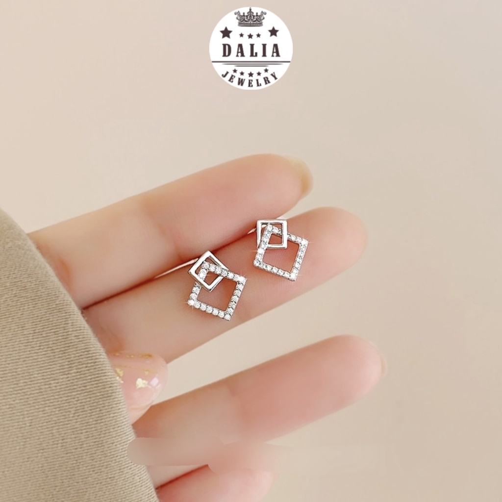Bông tai bạc nữ DaLiA Jewelry khuyên tai hình vuông lồng vào nhau cá tính hoa tai chuẩn bạc không gỉ an toàn cho da