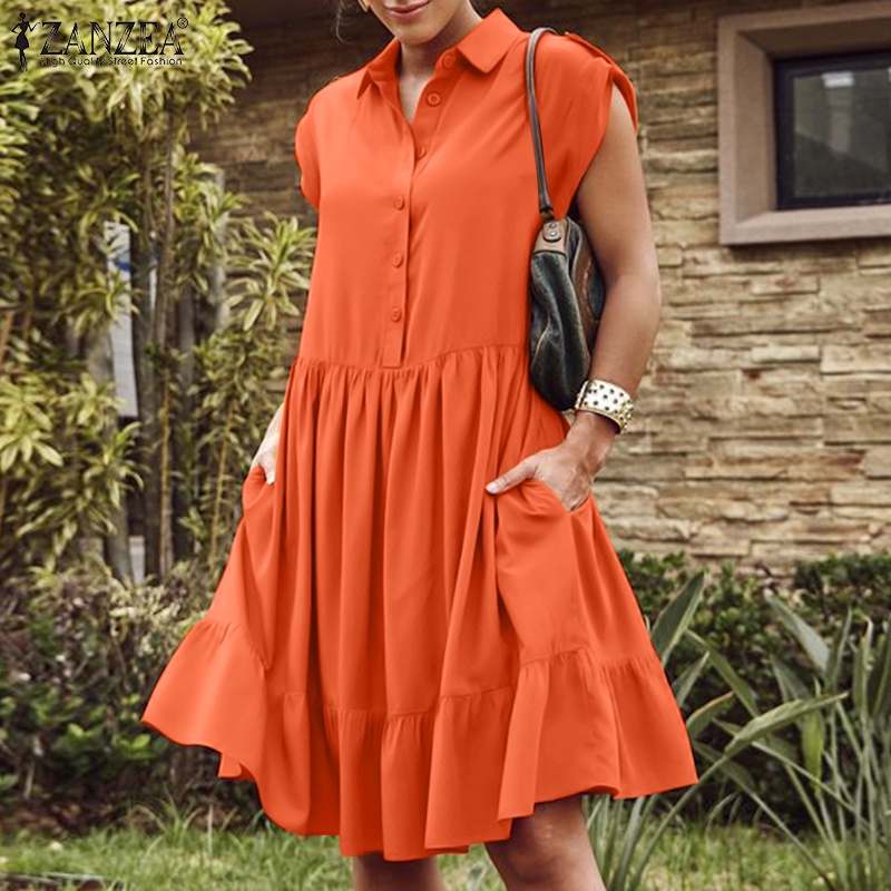 Đầm Zanzea dáng chữ A ngắn tay cổ bẻ phong cách châu Âu quyến rũ dành cho nữ
