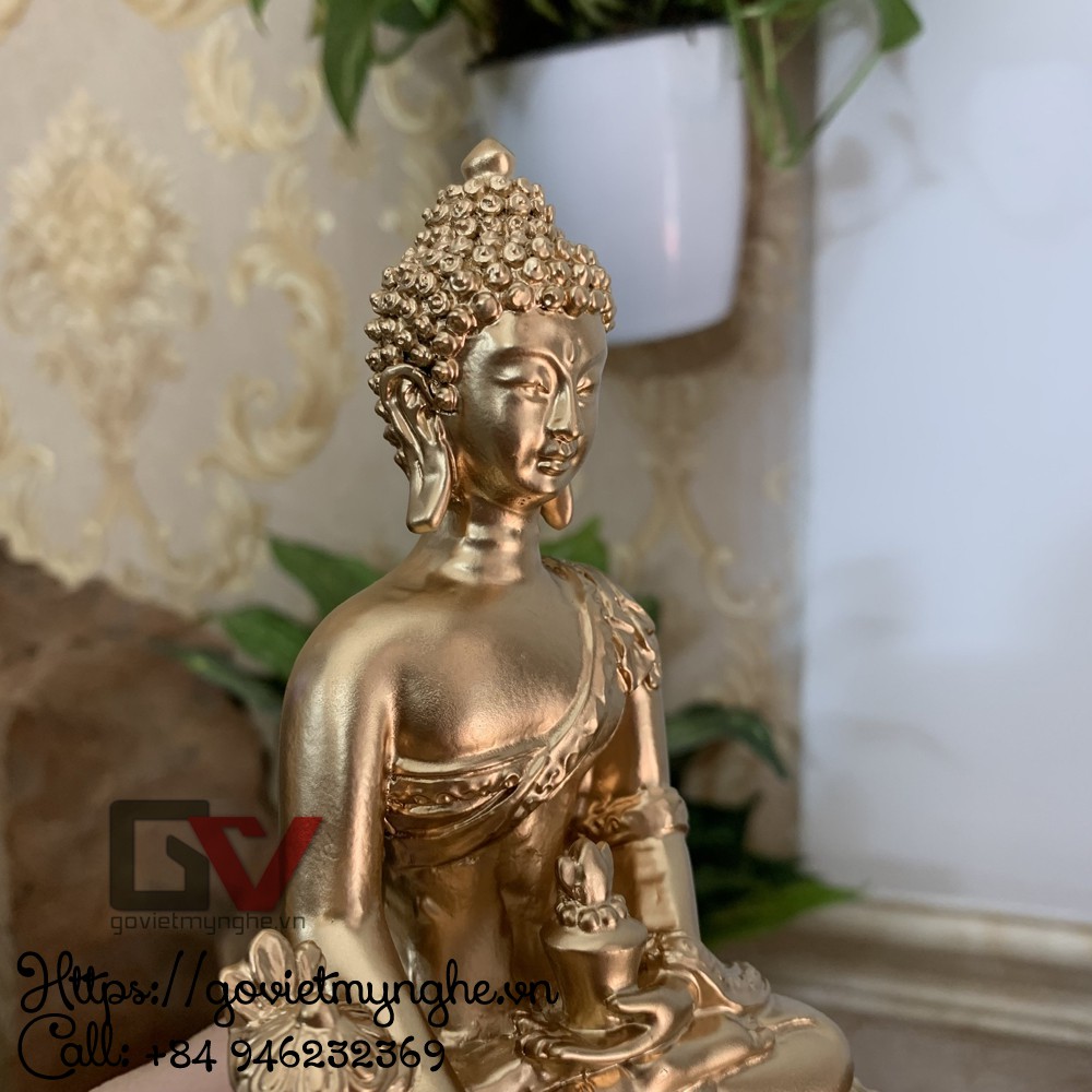 Tượng đá trang trí Phật Dược Sư Lưu Lý Quang ngồi trên đài sen - Chiều cao 16cm - Màu nhũ đồng
