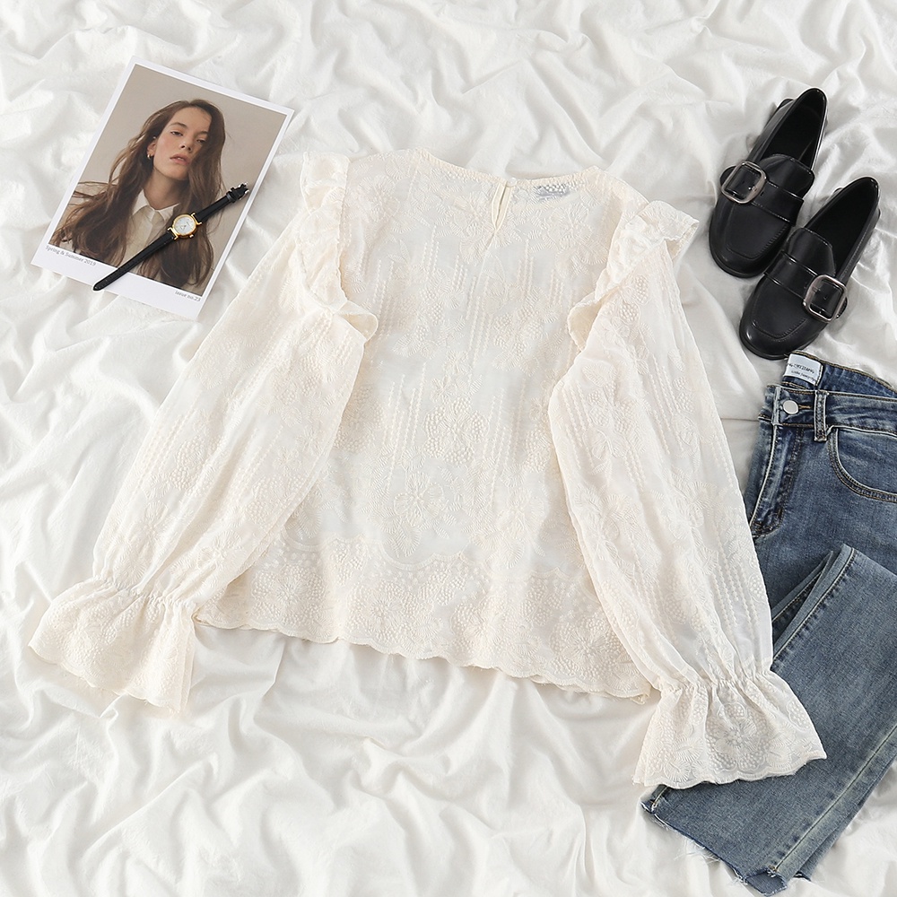 NUZIRO  Áo kiểu  tay dài cổ tròn phối ren thêu hoa dáng rộng thoải mái