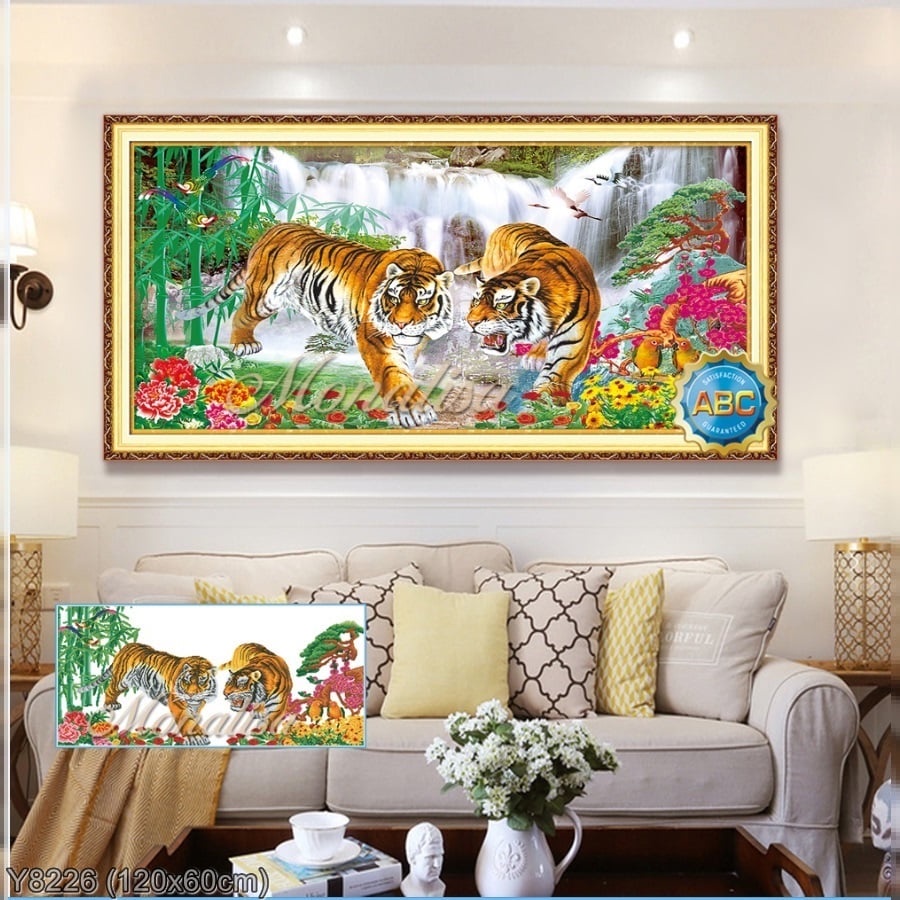 Tranh đính hổ nhị hổ song hùng KT:120x60cm.tranh gắn đá chưa gắn.