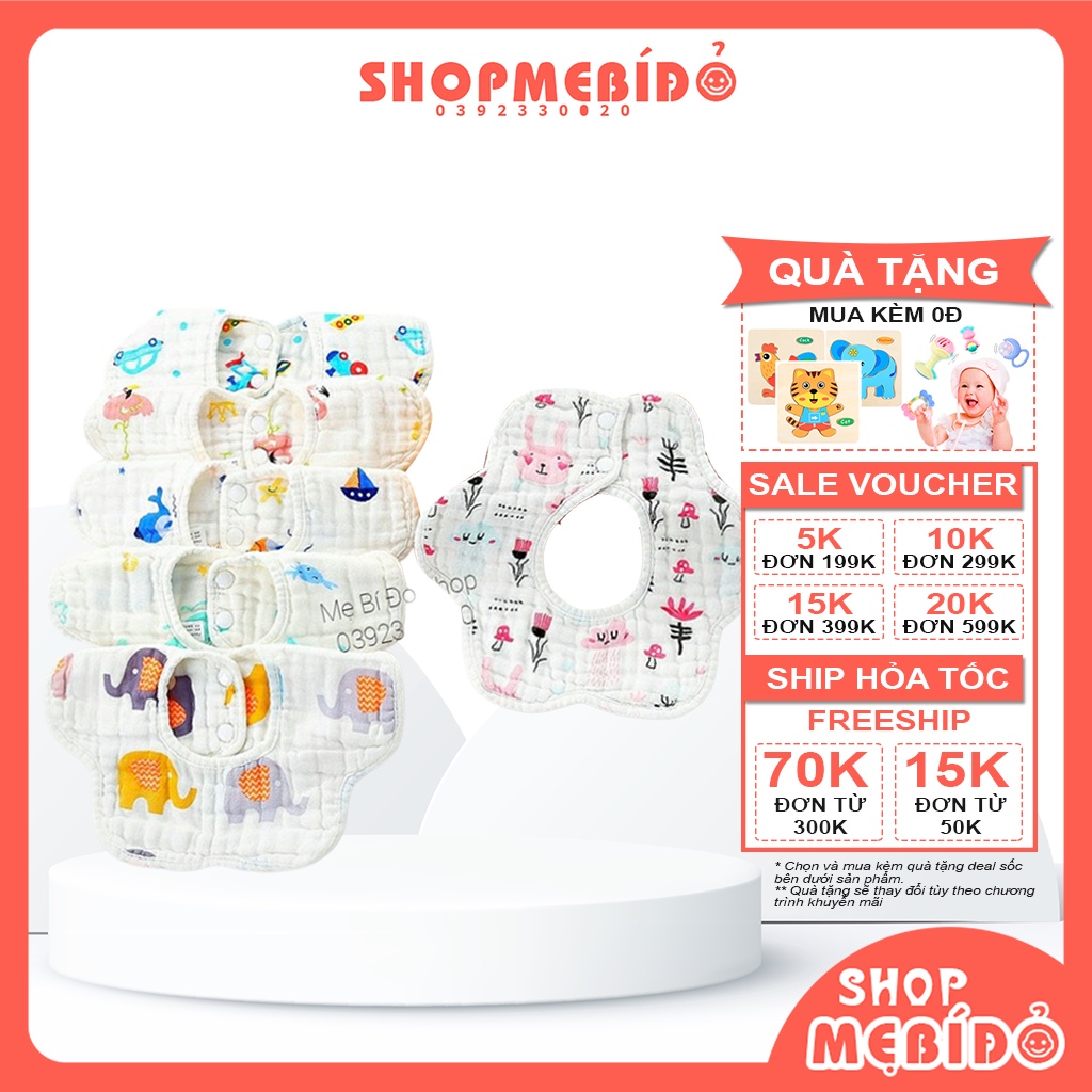 Yếm Vải Xô Tròn 6 Lớp Cúc Bấm Aden Nền Trắng Siêu Thấm Hút Mềm Mại Cho Bé Ăn Dặm