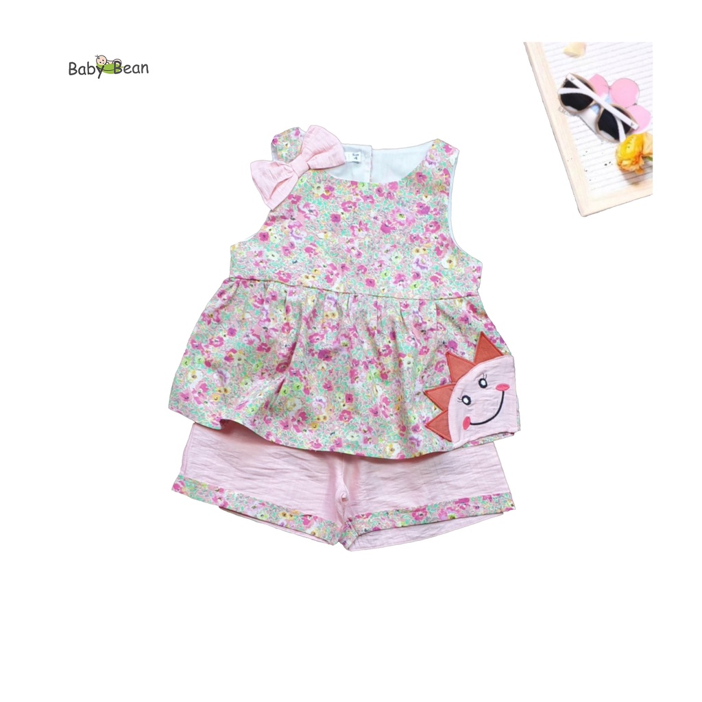 Bộ Đồ Cotton Hoa Thắt Nơ Thêu Mặt Trời Bé Gái BabyBean