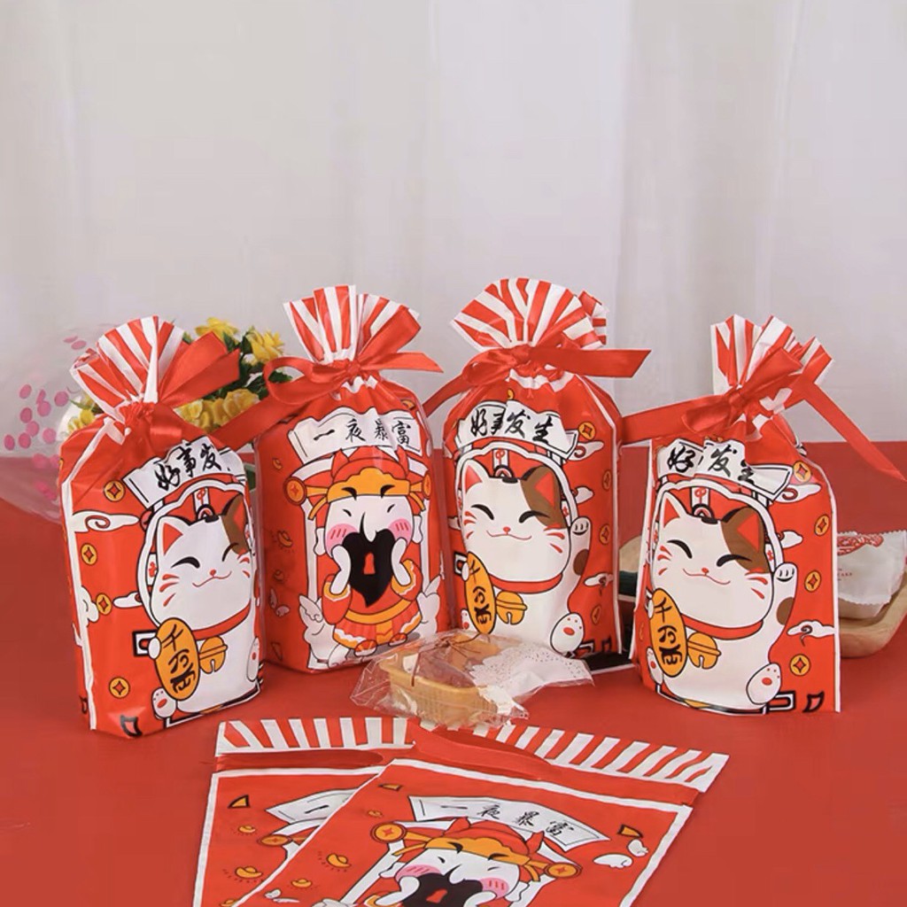 Túi đựng bánh quy buộc dây: Mèo thần tài, thần tài, mèo blessing, kỳ lân