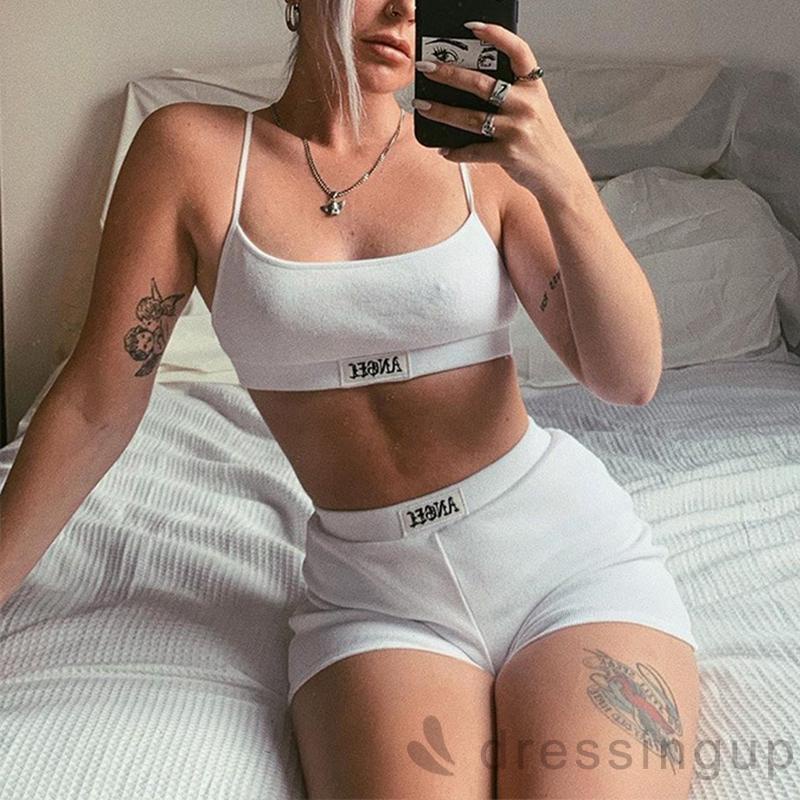 Bộ 2 Món Áo Croptop Hai Dây + Quần Short Lưng Cao Ôm Dáng Thời Trang Mùa Hè Cho Nữ