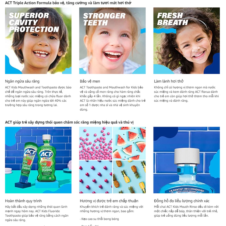 Kem đánh răng ACT Anticavity trẻ em có fluoride hương dưa hấu