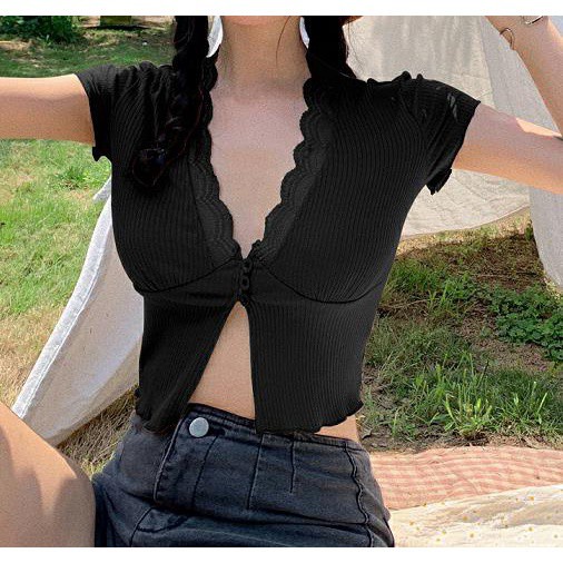 Áo Croptop Dệt Kim Tay Ngắn Cổ Chữ V Màu Sắc Đơn Giản Thời Trang Mùa Hè Cho Nữ