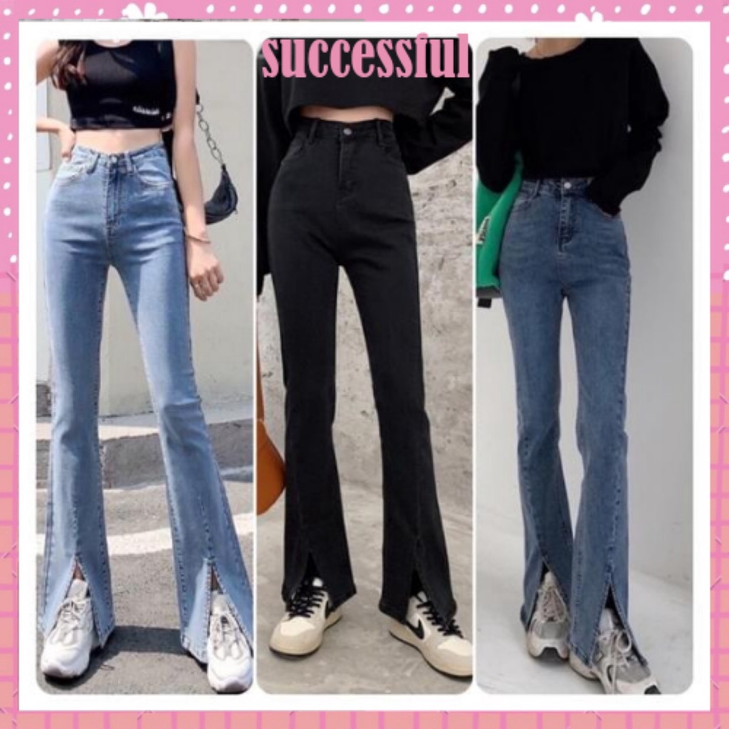 Quần jeans bò ống đứng cạp cao co dãn loe xẻ gấu phong cách Hàn Quốc