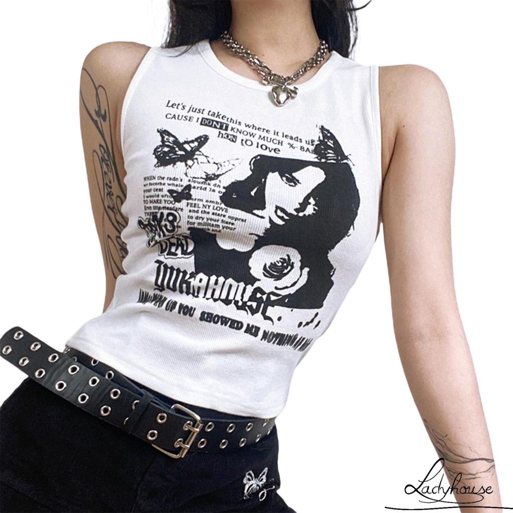 Áo Croptop Sát Nách Cổ Tròn In Họa Tiết Bướm Và Chữ Thời Trang Mùa Hè Cho Nữ