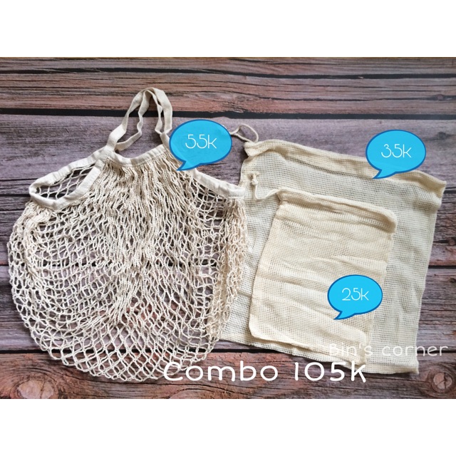 Combo túi lưới đi chợ, túi lưới đựng trái cây sợi cotton, combo túi vải cotton vải canvas đựng hạt đựng gạo