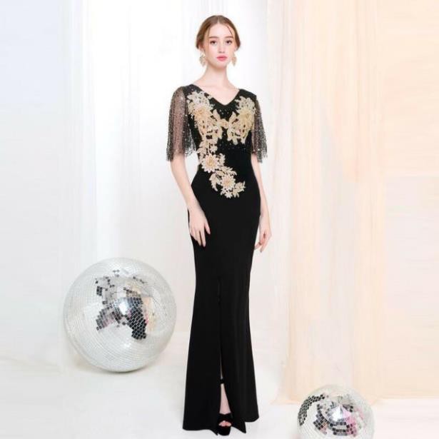 SHOP DẠ HỘI  Đầm Dư Tiệc Thêu Hoa 3D Phối Tay Cánh Tiên Lưới Ánh Kim kèm ảnh thật tặng hoa tai thời trang xinh xắn