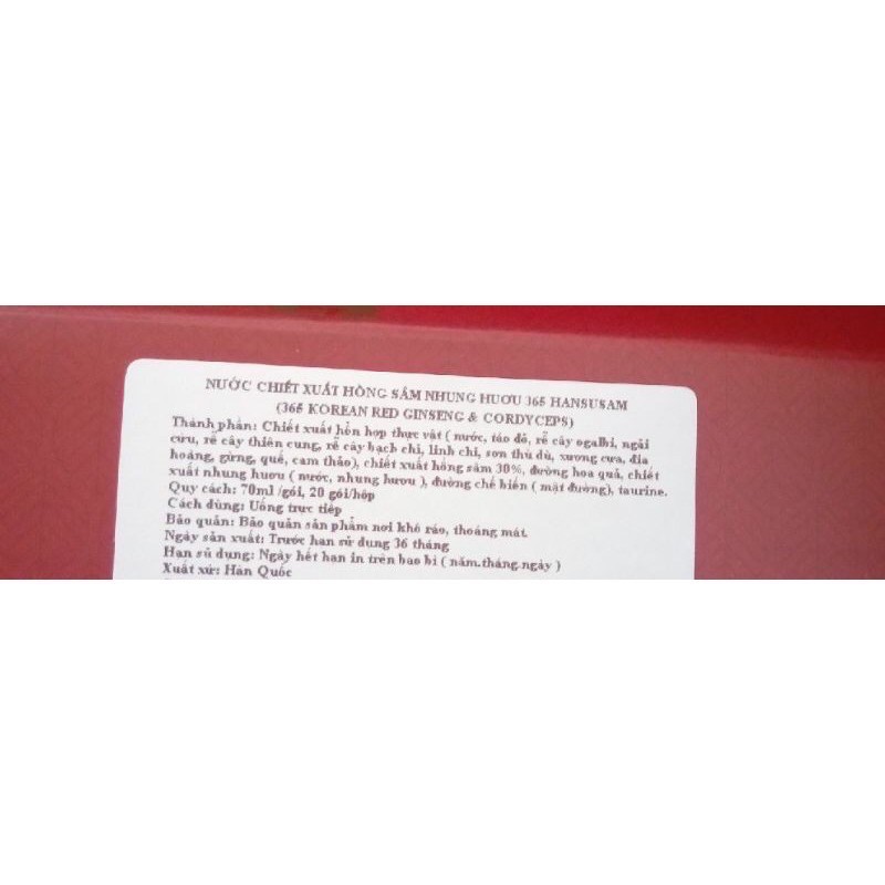 Nước hồng sâm  Linh Chi Nhung Hươu 365 Hansusam,60gói x70ml nhập khẩu Hàn Quốc tăng cường đề kháng