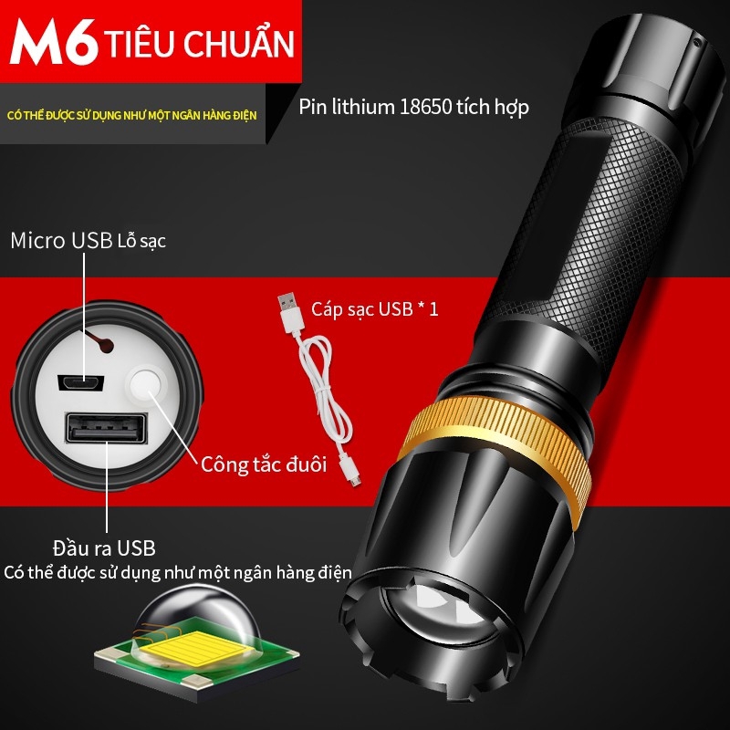 Đèn Pin Cầm Tay Cob T6 3 Chế Độ Chiếu Sáng Pin 18650