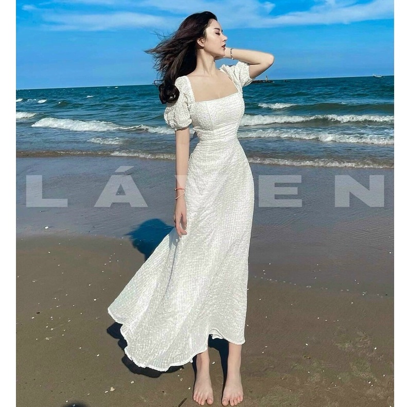 Váy đầm nữ maxi dáng dài trẻ trung tay phồng cổ vuông  cột nơ sau lưng