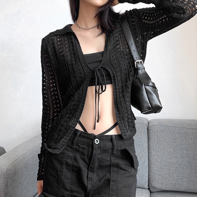 Kliou Áo Cardigan Dệt Kim Tay Dài Dáng Ôm Thiết Kế Đục Lỗ Thời Trang Mùa Thu Cho Nữ