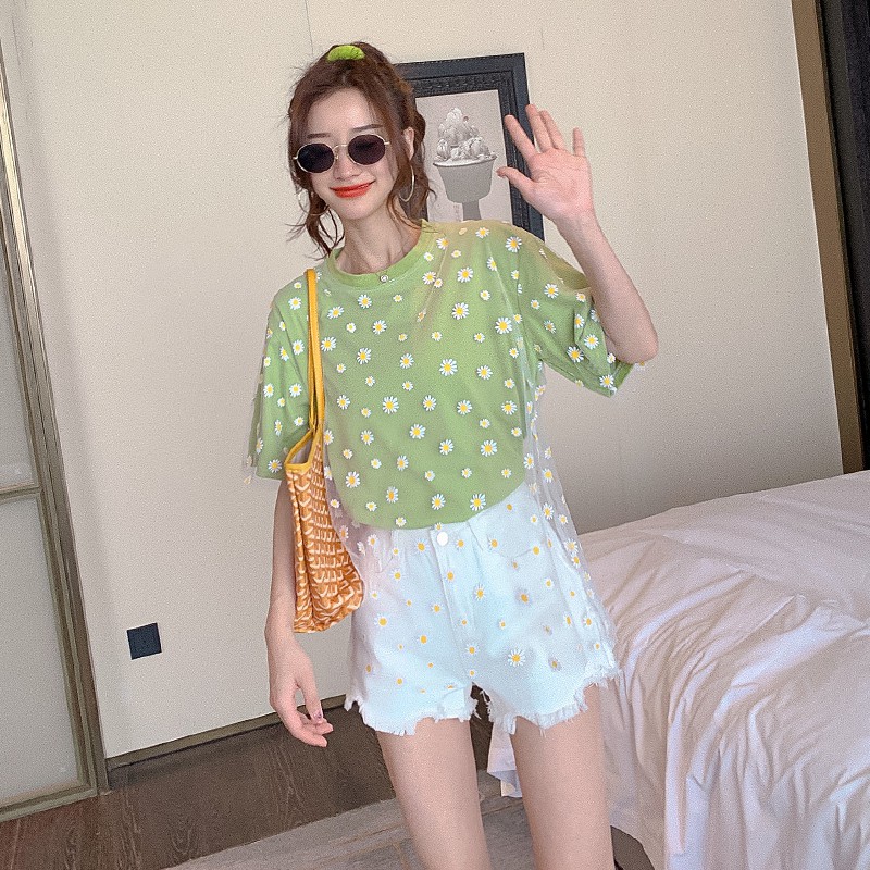 SUXI Áo Thun Tay Ngắn Dáng Rộng Phối Lưới Họa Tiết Hoa Cúc Xinh Xắn Thời Trang Mùa Hè Cho Nữ