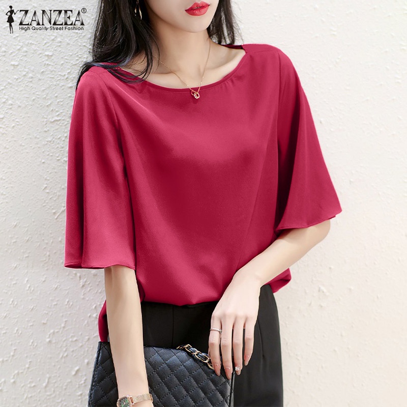 Áo ZANZEA satin ngắn tay cổ tròn thời trang đường phố thanh lịch cho nữ