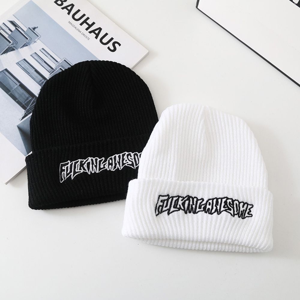 Mũ beanie dệt kim màu trơn thêu chữ phong cách Hàn Quốc thời trang cho nữ