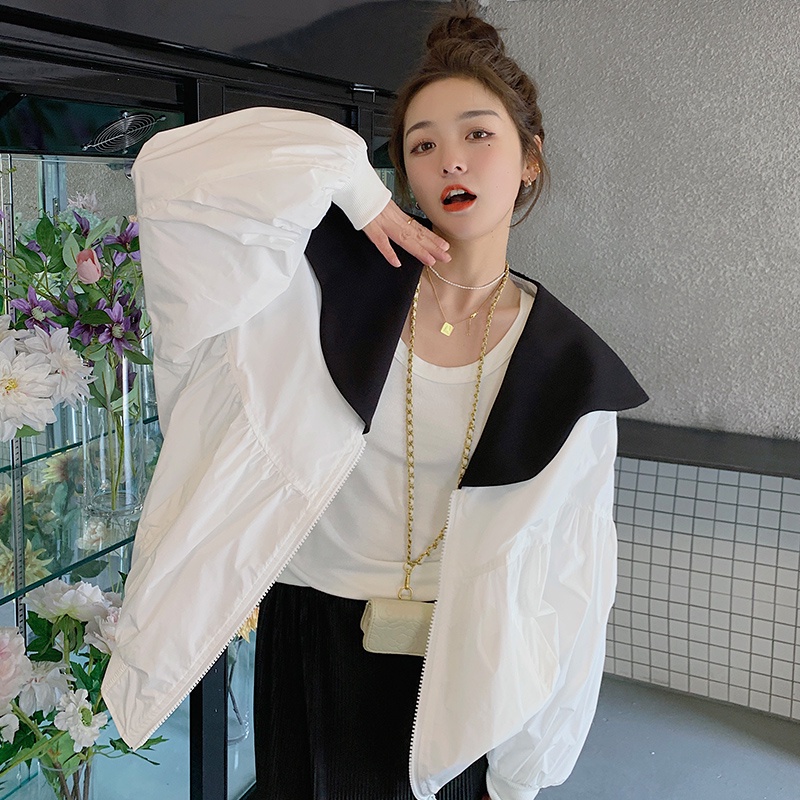 Áo Khoác Chống Nắng Mỏng Cổ Bèo Màu Sắc Tương Phản Dễ Phối Đồ Thời Trang Mùa Hè Cho Nữ
