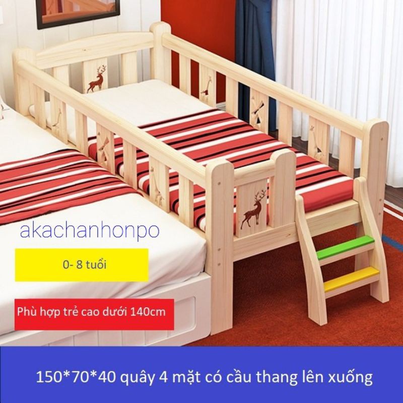 Giường trẻ em quây 4 mặt có cầu thang size 150*70*70 gỗ thông, có cầu thang