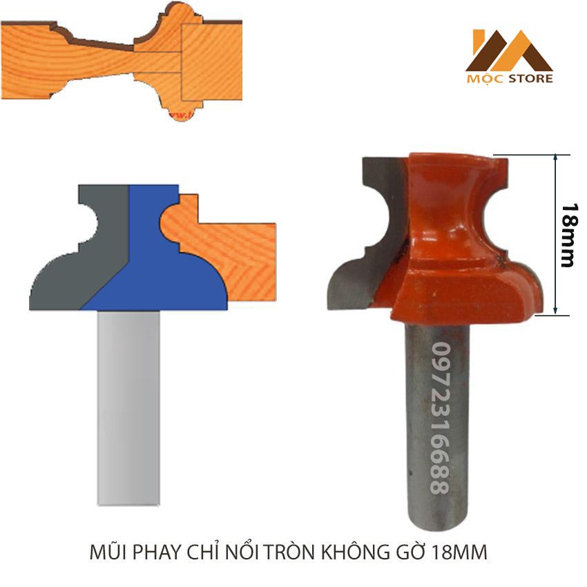 MŨI SOI GỖ - MŨI PHAY GỖ ĐÁNH CHỈ NỔI TRÒN KHÔNG GỜ 18MM CỐT 12.7MM - HÀNG VIỆT NAM CHẤT LƯỢNG CAO
