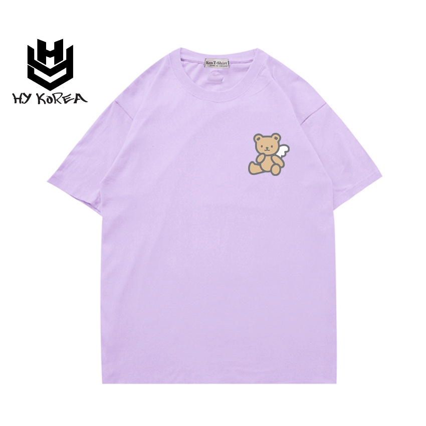 Áo phông tay ngắn cute vải HY KOREA cotton 75 co dãn form rộng in hình Gấu có cánh ngồi 488