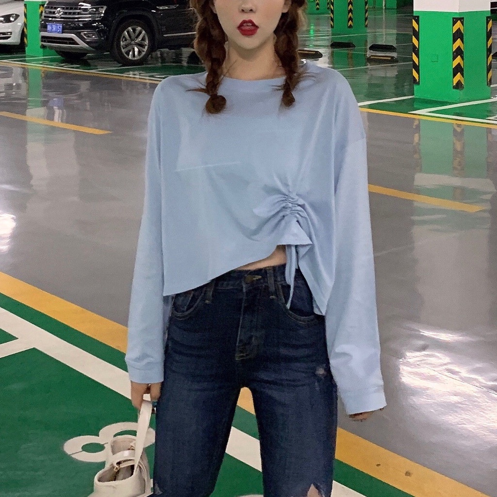 Áo Thun Tay Dài Cổ Tròn Dáng Rộng Màu Trơn Phối Dây Rút Thời Trang Cho Nữ áo phông nữ JL-TX-19