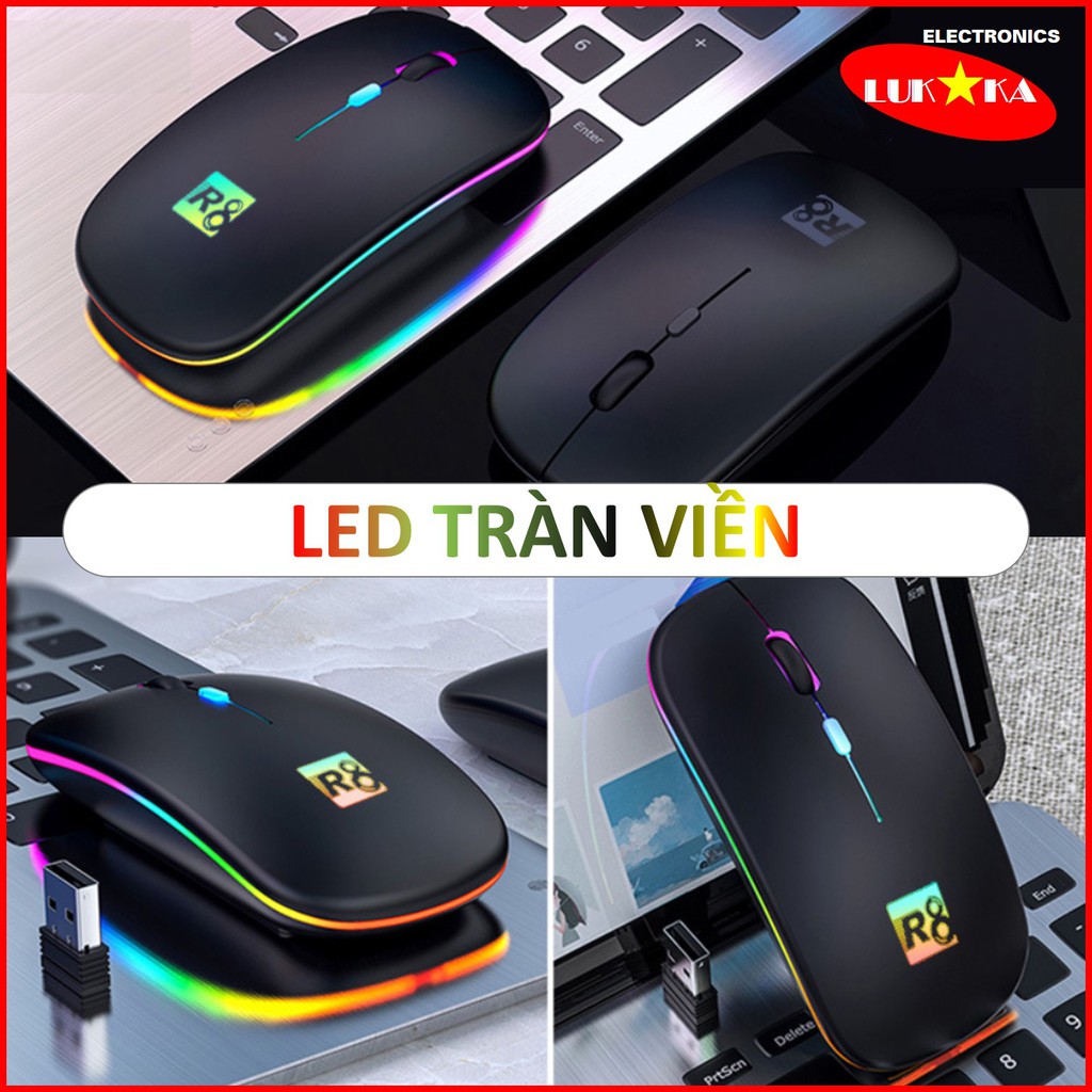 Chuột không dây 2.4G Wireless R8 Pin sạc LED viền đa sắc màu, Dòng sản phẩm cao cấp được BH 6 THÁNG