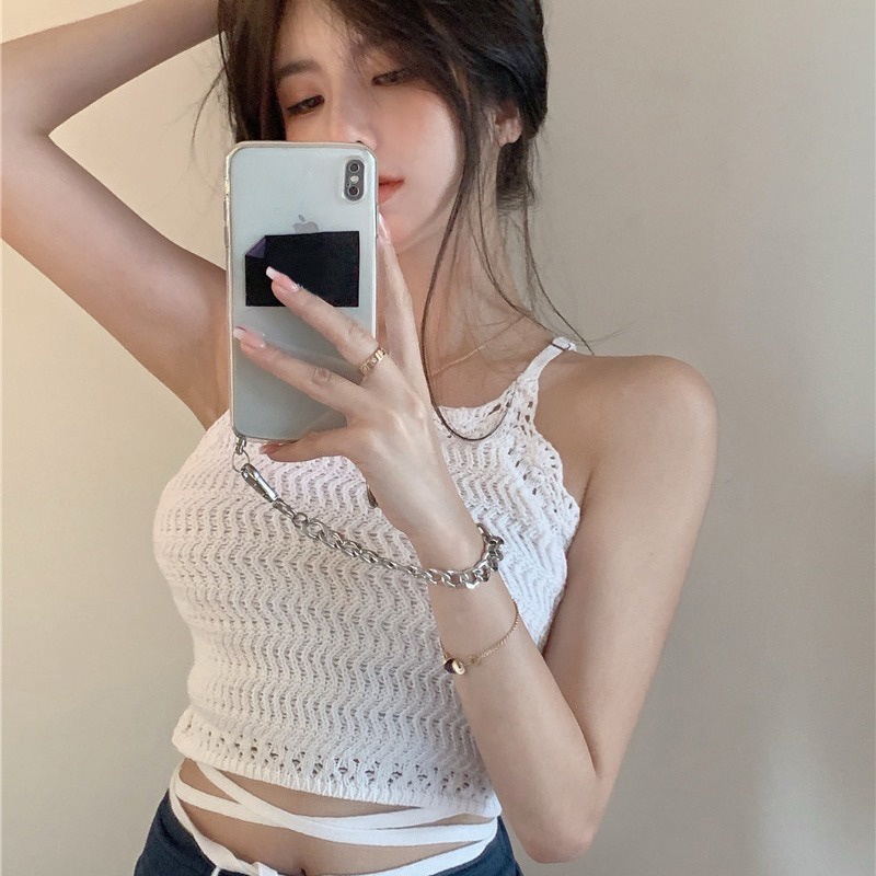 【ZHELIHANGFEI】 / Áo Dệt Kim Hai Dây Thắt Dây Gợi Cảm