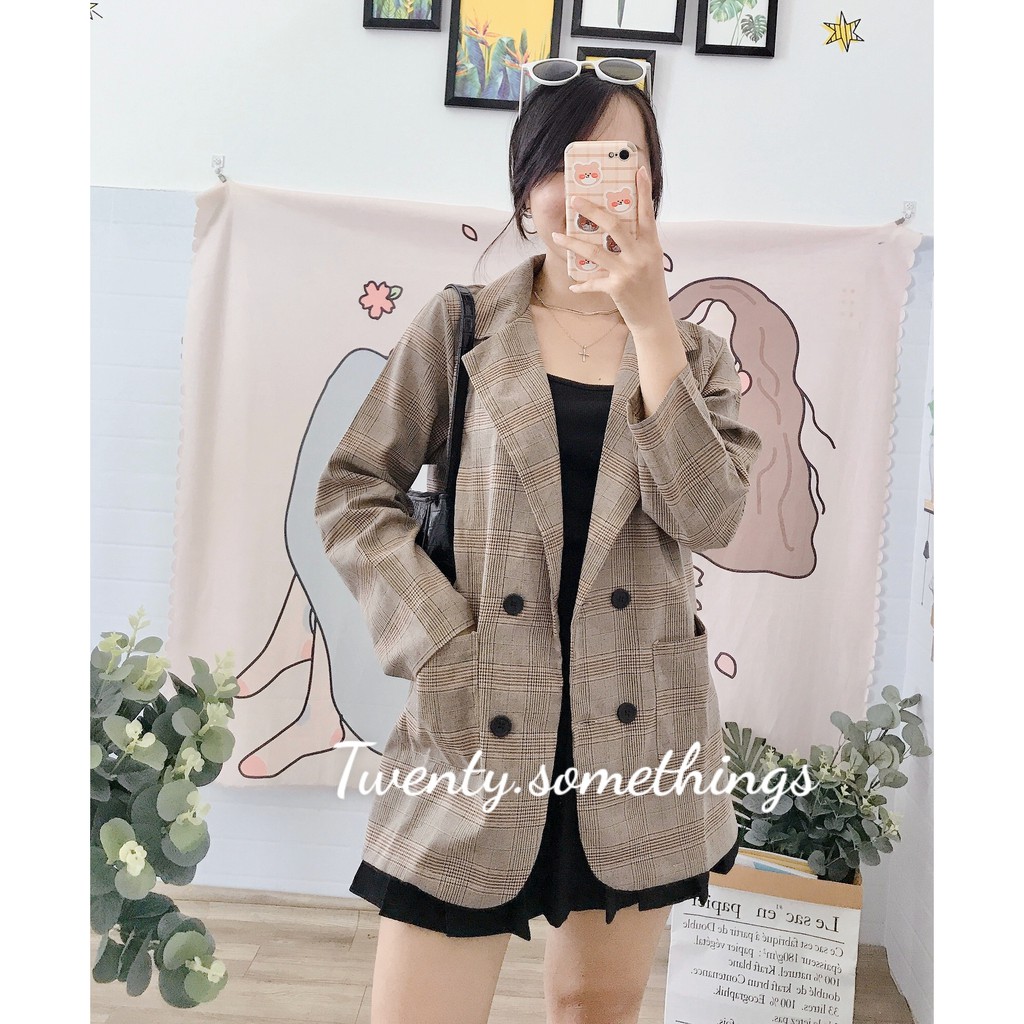 ÁO BLAZER KẺ NÂU GHI 1 LỚP ( ảnh thật/ video/ sẵn)