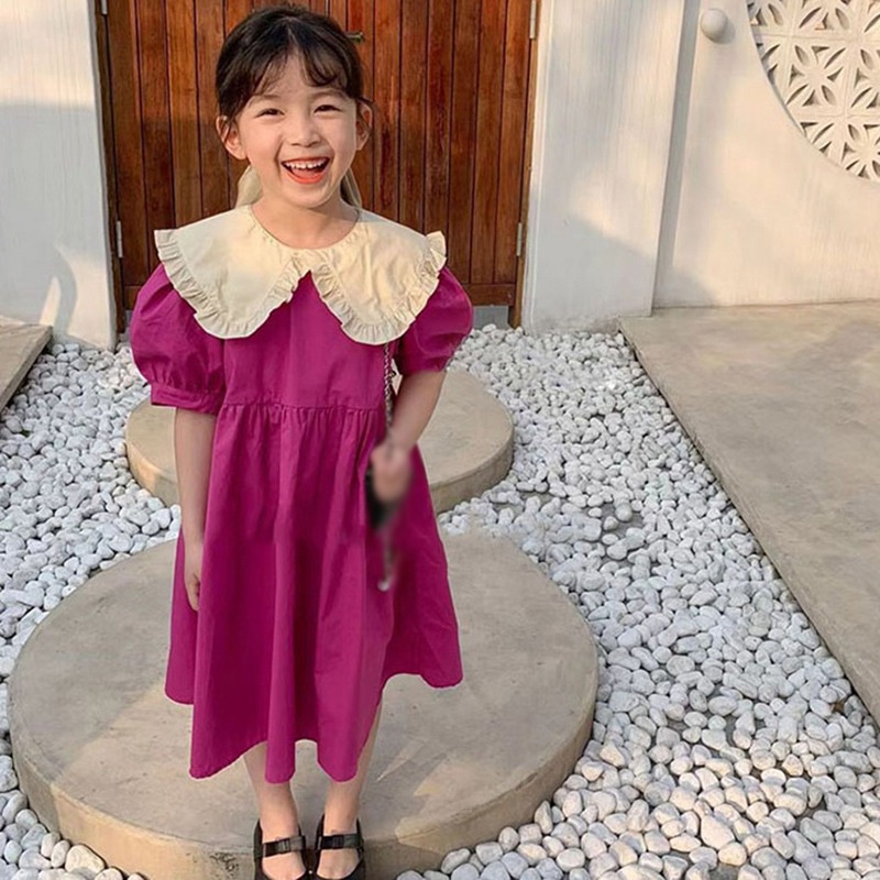 Đầm Tay Phồng Cổ Bẻ Thời Trang Hàn Quốc Đáng Yêu Cho Bé Gái