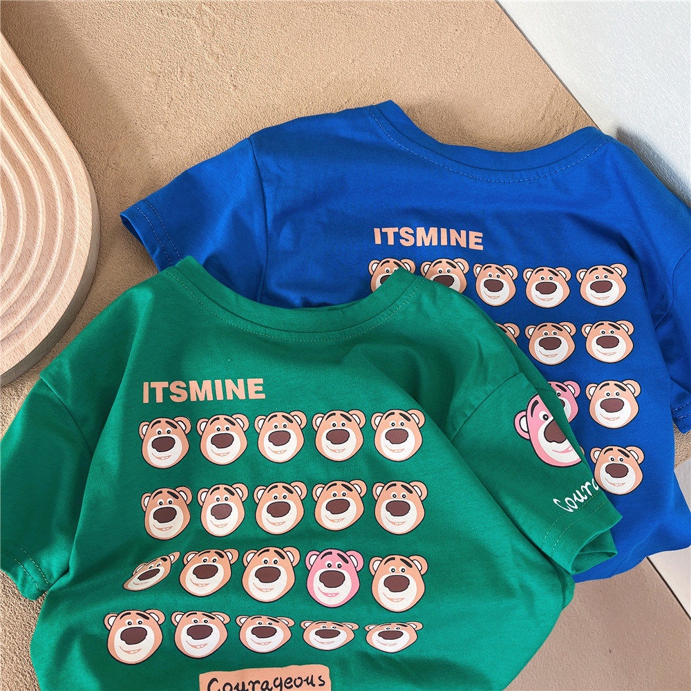 Áo Thun 100% Cotton Tay Ngắn Cổ Tròn In Họa Tiết Hoạt Hình Phong Cách Hàn Quốc Cho Bé Trai