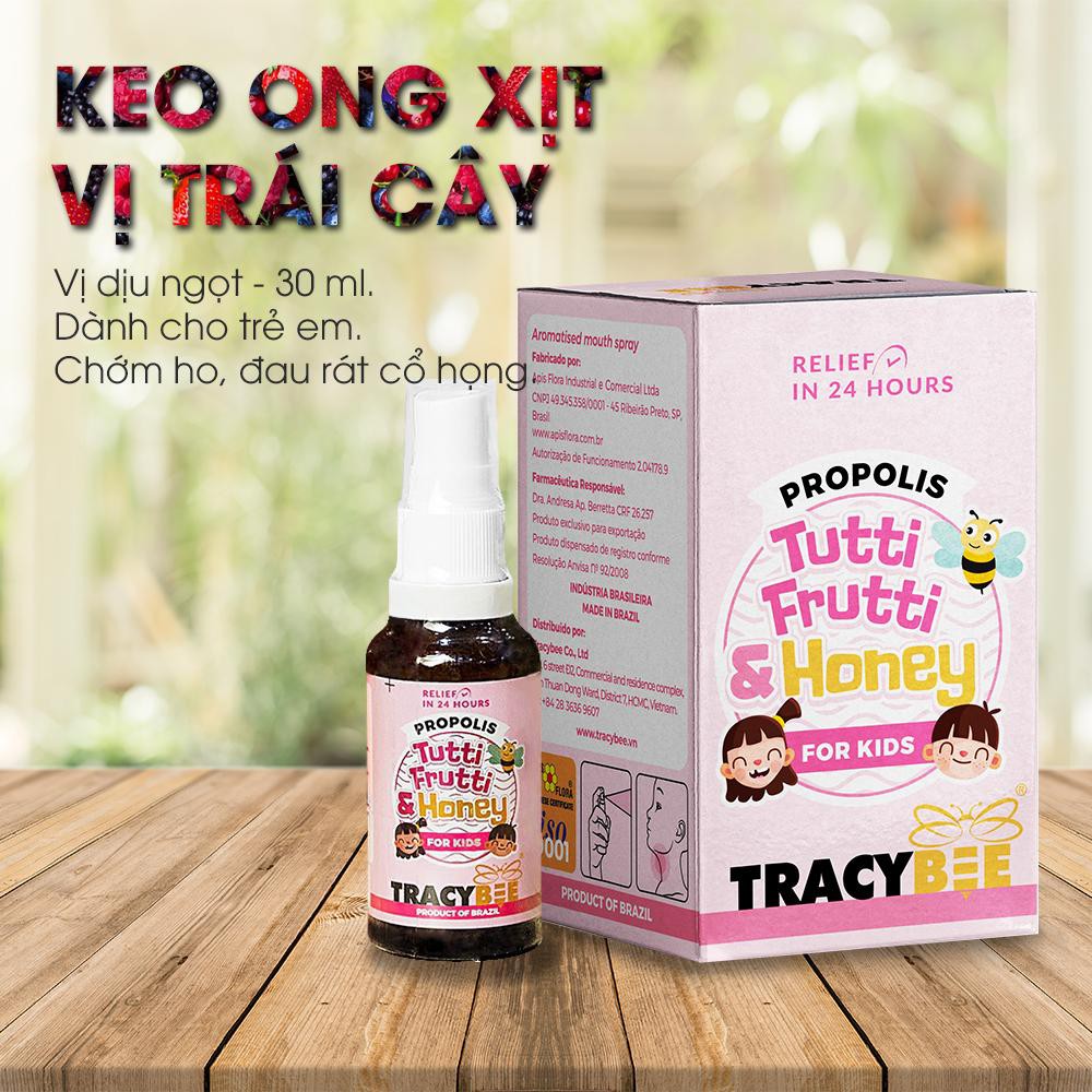 Keo Ong Xịt Giảm Đau Họng Vị Trái Cây Cho Bé Từ 1 Tuổi Propolis Tutti Frutti & Honey Tracybee 30ml