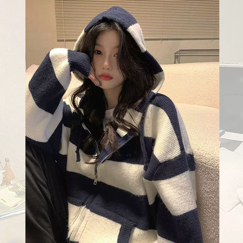 [Spot] Áo Khoác cardigan Dệt Kim Mỏng Dáng Rộng Có Mũ Trùm Kẻ Sọc Thời Trang Phong Cách Hàn Quốc Dễ Phối Đồ