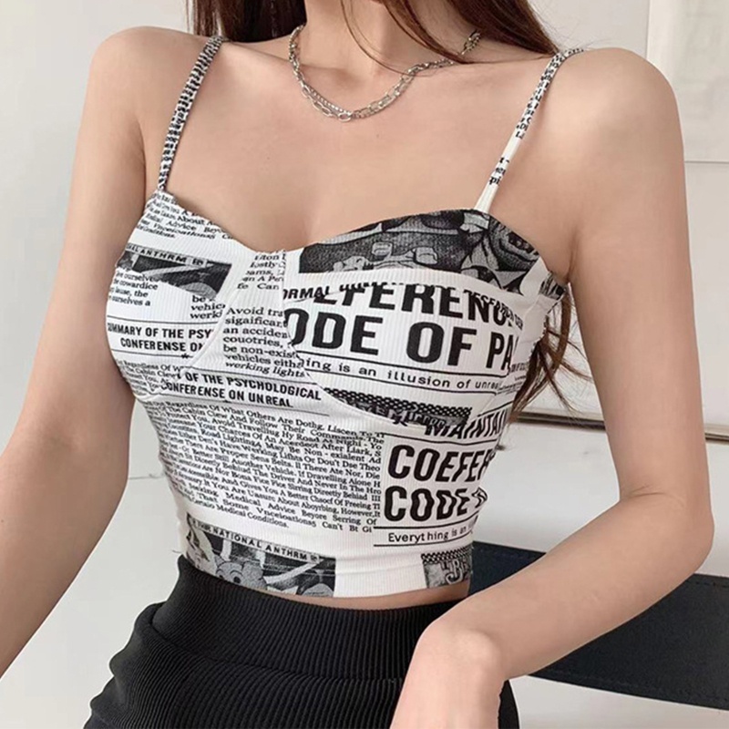 Áo Crop Top Hai Dây In Tờ Báo/Hình Báo Phong Cách Harajuku Cổ Điển Gợi Cảm Cho Nữ