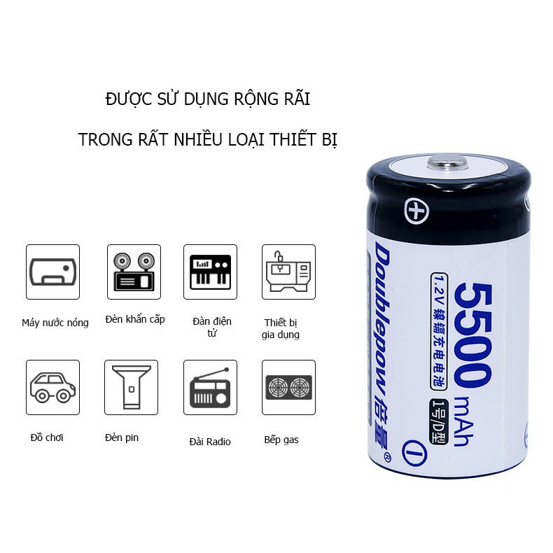 [Hộp 02 viên] Pin đại sạc lại số 1 loại D 5500 mAh Ni-Cd - Doublepow - loại cao cấp, dung lượng thực