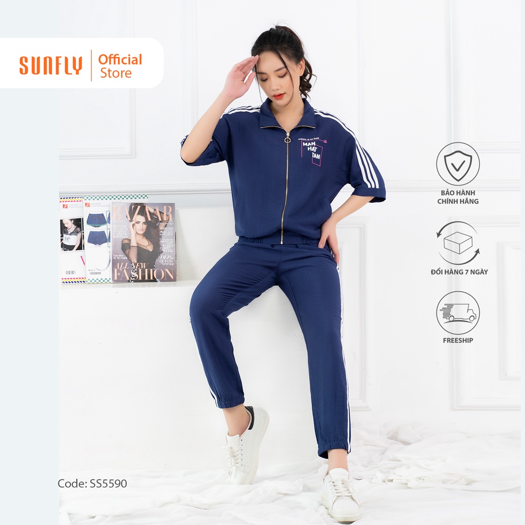 Bộ đồ mặc nhà nữ thể thao linen SUNFLY kéo khóa áo cộc, quần dài SS5590