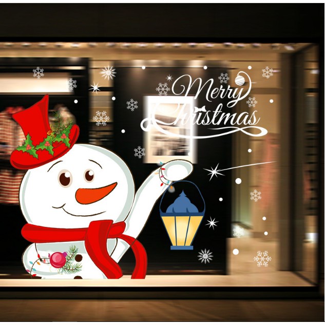 Decal trang trí tường Noel - Người Tuyết cầm đèn đáng yêu