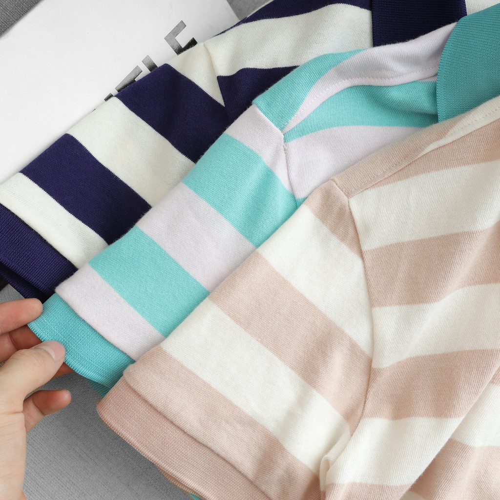 Áo thun polo Cá Sấu sọc ngang màu XANH ĐEN vải cotton The Men Show