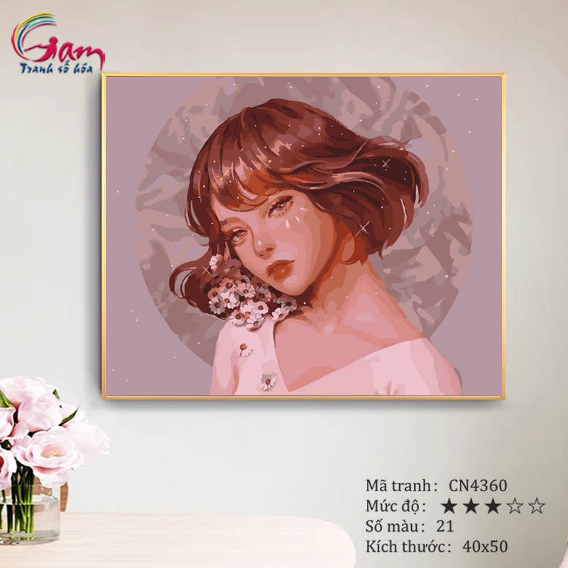 Tranh tô màu số hoá Gam cô gái nghệ thuật có sẵn đã căng khung 40x50cm CN4360