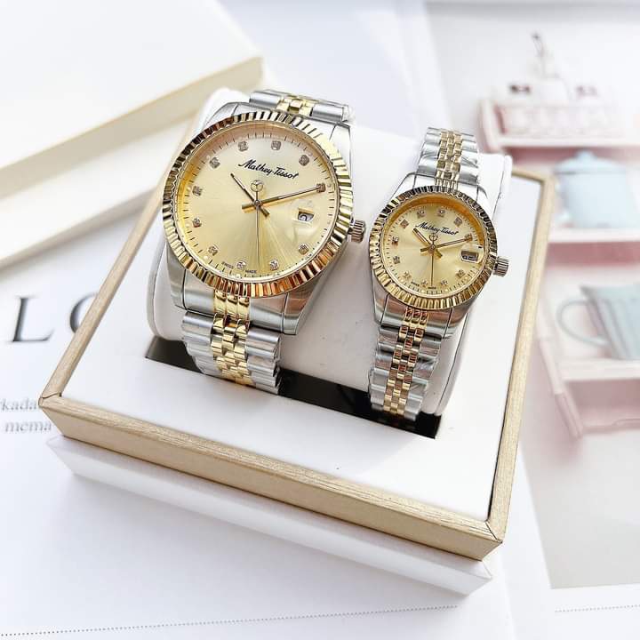 Đồng hồ đôi nam nữ dây thép Mathey Tissot Rolly II Crystal Gold Dial Mens H710BDI Và D710BDI