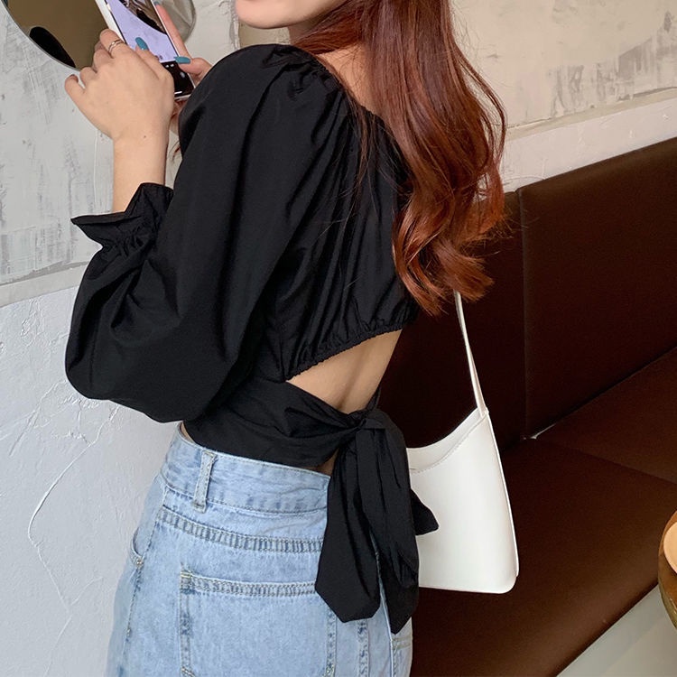 COZOK Áo Kiểu Tay Phồng Cổ Vuông Hở Lưng Thời Trang Xinh Xắn