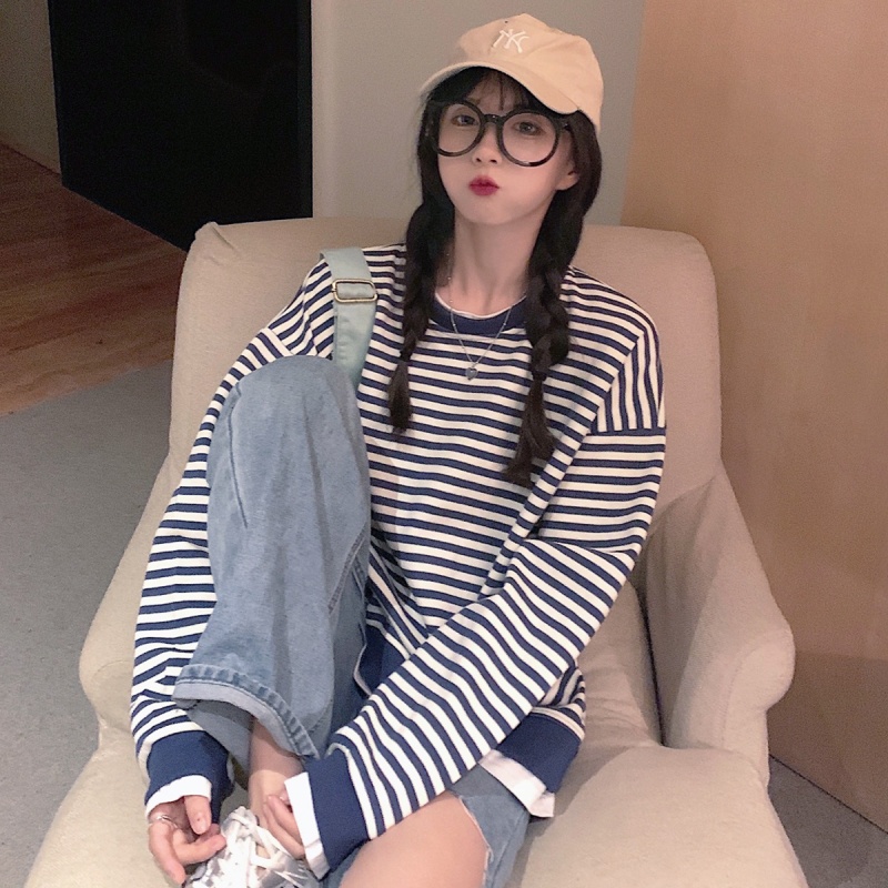 Áo Thun Sweater Mỏng Cổ Tròn Dáng Rộng Kẻ Sọc Thời Trang Mùa Thu Cho Nữ