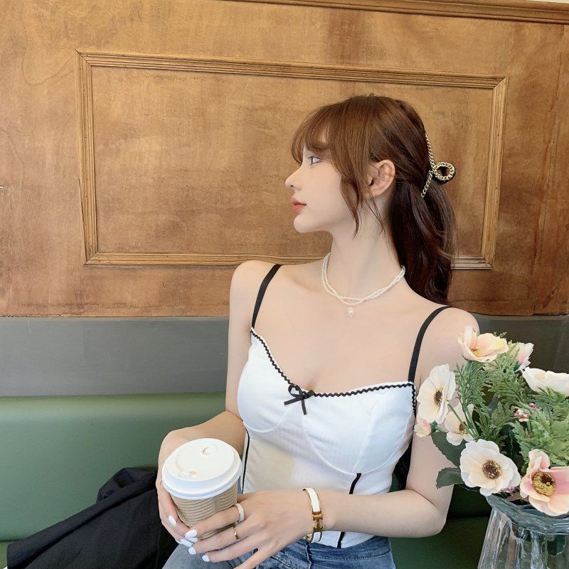 Áo dệt kim hai dây dáng ôm màu sắc gợn sóng thời trang cho nữ